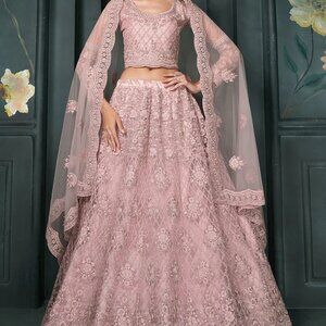 Designer Net Embroidered Pink Bridal Lehenga Choli For Women & Girls